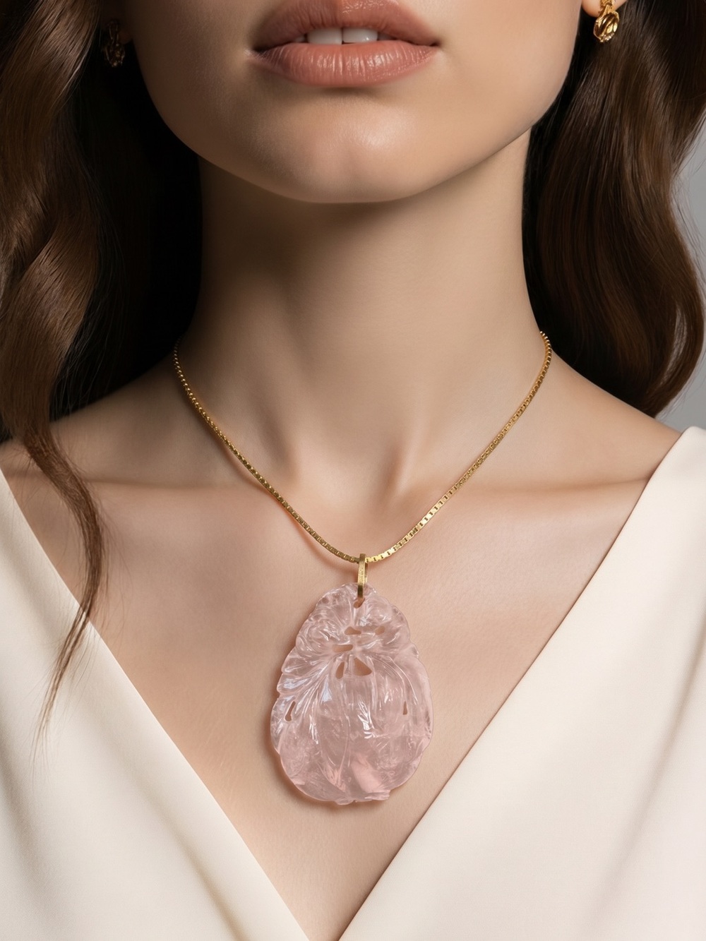 Vintage Rose Quartz Carved Heart Pendant Necklace 14k Gold Chain